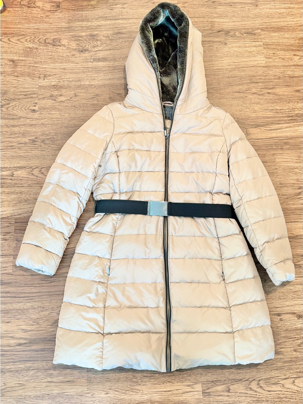PRE LOVED Esprit Womens 14 Beige Quilted Hooded Puffer Coat with Contrast Belt